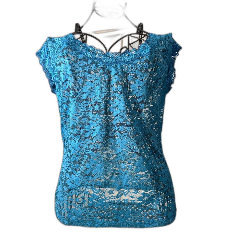 Vintage FREDRICK'S of HOLLYWOOD Blouse XL Women's Teal Lace Stretch Sexy